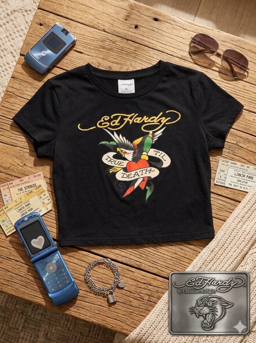 NWT Ed Hardy "True 'Til Death" Eagle Black Baby Tee
